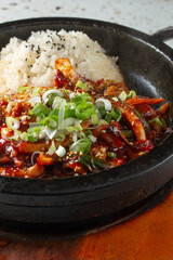A view of a Korean spicy squid rice bowl.
