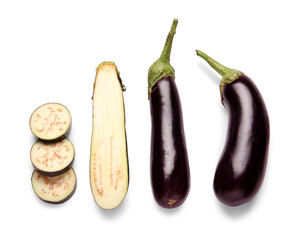 Fresh eggplants on white background