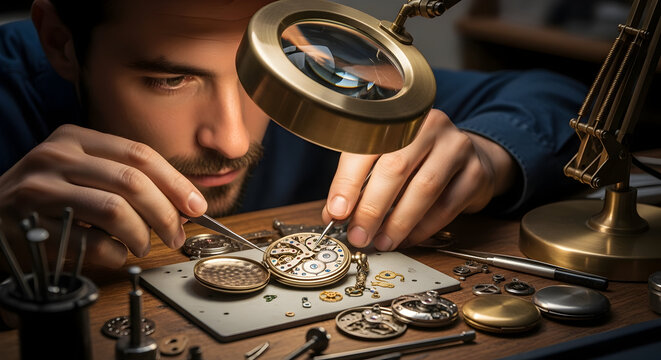 Skilled watchmaker meticulously assembling intricate timepiece gears with precision tools under magnification, embodying craftsmanship and dedication to detail. - Powered by Adobe