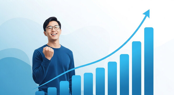 Dynamic young Asian entrepreneur celebrates stunning business growth with a vibrant, upward-trending chart, embodying success and achievement in modern finance
