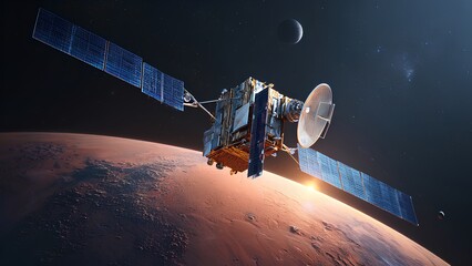 Space Probe Orbiting Mars with Solar Panels in Deep Space | Realistic 3D Render
