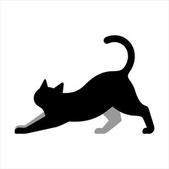 Minimal flat vector illustration of a playful cat stretching in side view, clean modern style perfect for logo and character design
