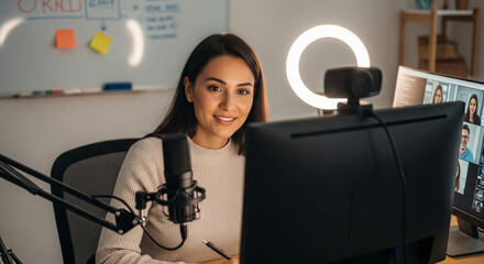Professional woman leading a vibrant virtual meeting from her modern home office, connecting with colleagues and fostering collaboration in a digital workspace