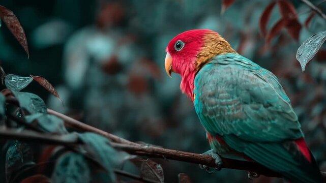 Colorful parrot perched on a branch with foliage details close up