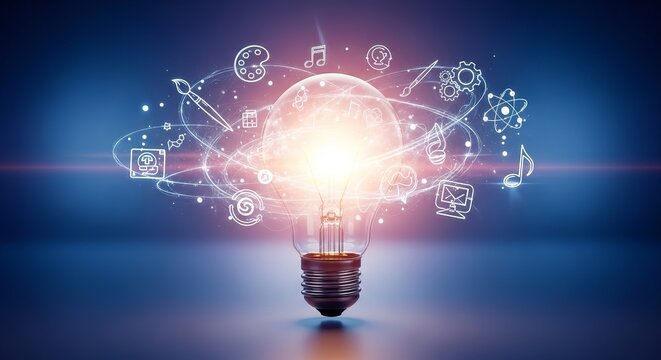 Creative idea concept with light bulb and science icons floating around it on blue background