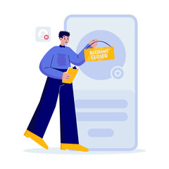 Man Placing Account Profile Closed Sign Vector Illustration