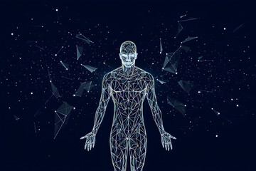 Digital human figure constructed from polygons against a dark blue starry background image art