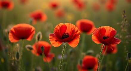 Vibrant red poppy flowers blooming in a sunny meadow with blurred background