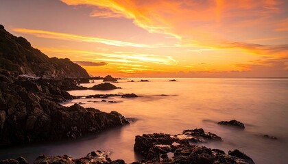 Golden Sunset Over Rocky Coastline with Tranquil Water and Dramatic Sky in Vivid Orange Tones and Dark Rocks