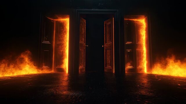 Infernal Thresholds: Fiery Portal Animation in Dark Chamber, Conceptual Passage
