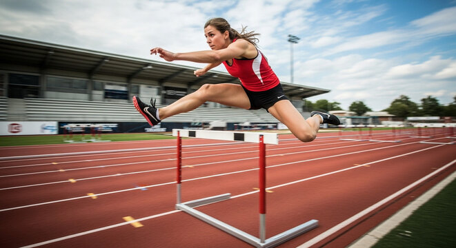 Determined athlete soars over hurdle with power and grace on outdoor track, demonstrating strength, agility, and dedication to sports excellence - Powered by Adobe
