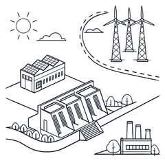 Fototapeta premium Illustrative isometric view of renewable energy sources including a dam solar panels and wind turbines
