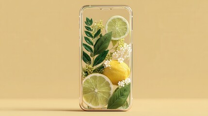 Modern smartphone display with floating citrus fruits