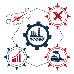 Industrial and technological advancements represented by icons of aircraft factory and growth charts