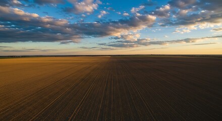 Dramatic sunset over vast farmland with cloudy sky and open horizon