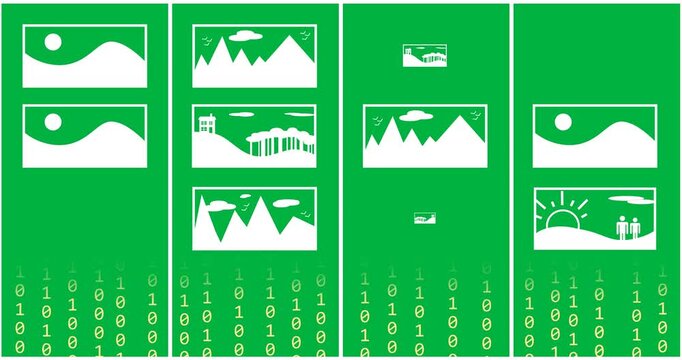 Animation of binary coding over digital ai landscape icons on transparent background