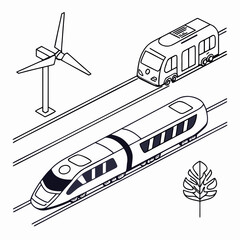Modern high speed train and futuristic capsule train travel on tracks near wind turbine and plant