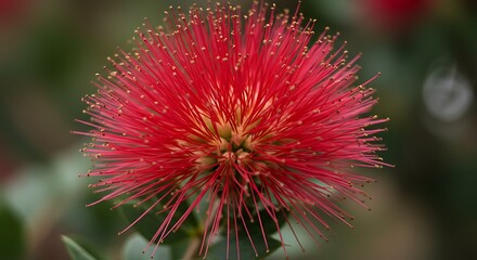 Vibrant red powder puff flower blooming naturally in soft focus