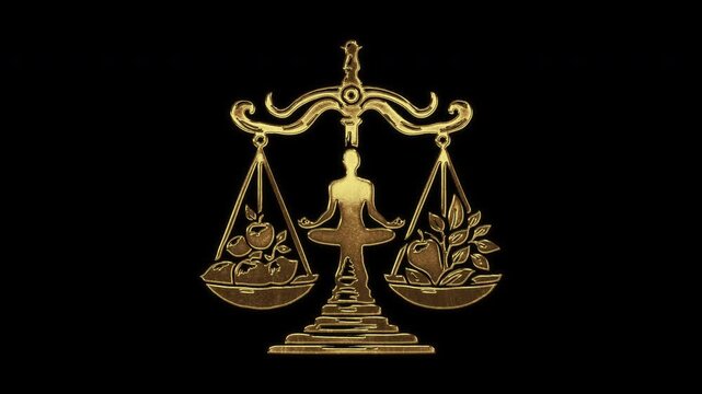 Balance scale with slightly reflected outlines on a gold foil-like surface, loop, alpha channel


