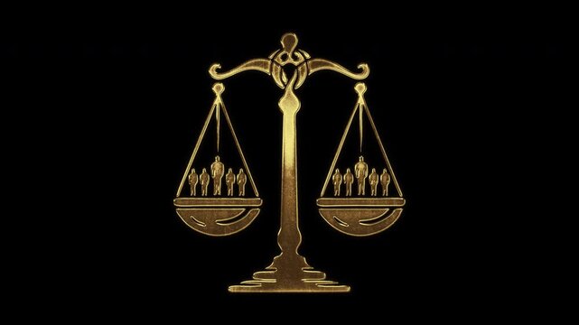 Balance scale with slightly reflected outlines on a gold foil-like surface, loop, alpha channel

