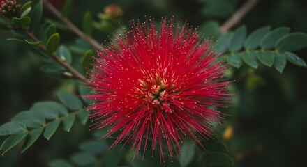 Vibrant red powderpuff flower in focus with green leaves