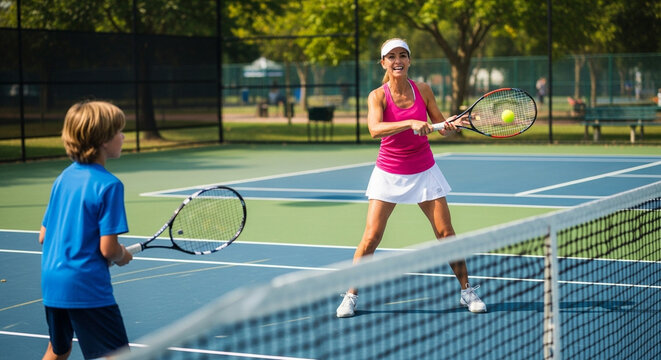 Active family fun with mother and son playing tennis on a sunny day, promoting fitness and healthy lifestyle together at the tennis court outdoors