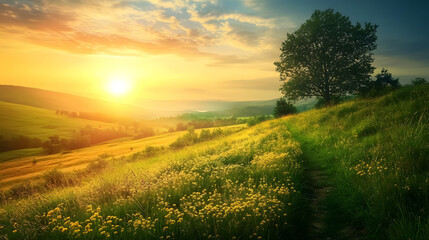 Obraz premium Golden sunrise bathes rolling hills and vibrant wildflower meadows in warm, inviting light, a path beckons towards serene natural beauty.