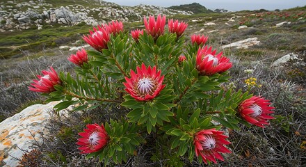 Vibrant red protea flowers blooming in a natural outdoor environment