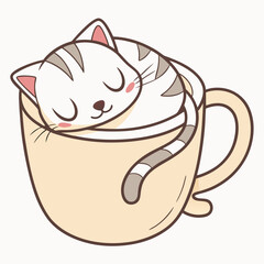 Adorable cartoon white cat with grey stripes sleeping peacefully curled up inside a cozy light yellow coffee mug