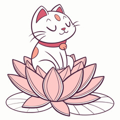 Adorable cartoon white cat with pink spots meditating peacefully on a blooming pink lotus flower with closed eyes and a happy smile