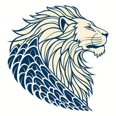 Majestic lion head profile with stylized mane and feathered neck embellishment in cream and navy blue