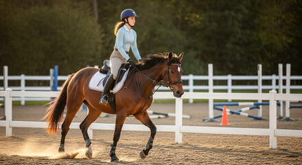 Graceful equestrian sport with a beautiful brown horse and skilled rider training in the arena, perfect for showcasing elegance and athleticism