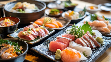 Enjoy a Vibrant Sushi Feast Presentation of Fresh Tuna, Salmon, and More at a Restaurant, Perfect for Food Blogs and Japanese Cuisine Marketing