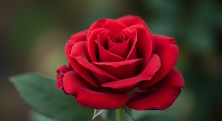 Vibrant red rose blossom in full bloom with green foliage and blurred background
