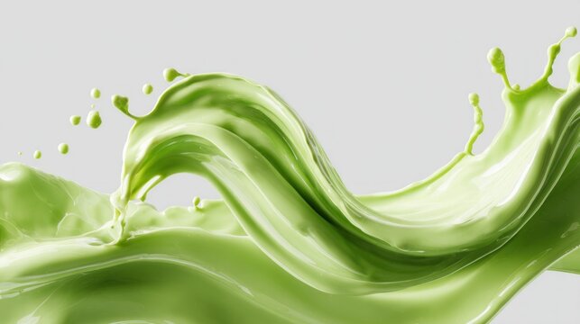 High-resolution matcha milk splash on clean white background, dynamic liquid motion, smooth flowing curves, glossy creamy green texture, professional advertising style, food photo.