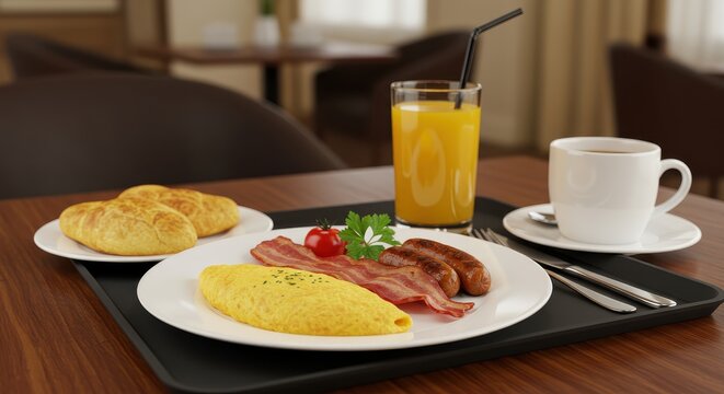 Delicious breakfast spread features an omelet, bacon, sausages, a fresh tomato, and parsley, served alongside croissants, orange juice, and a cup of coffee on a wooden table in a restaurant setting