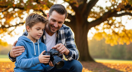Happy father teaching his son photography skills with a professional camera in a beautiful autumn park, creating heartwarming memories together