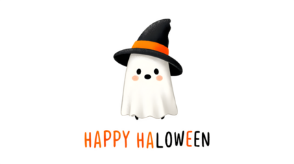 Cute cartoon ghost wearing witch hat isolated on white background
