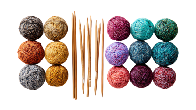Collection of colorful yarn balls and knitting needles isolated on transparent background
