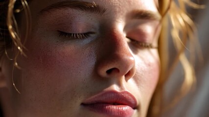 Serene moment: A portrait of tranquil and focused young woman, basking in the warmth of sunlight with eyes gently closed, capturing a moment of inner peace and relaxation. - Powered by Adobe