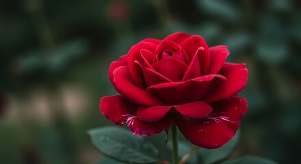 Vibrant red rose in full bloom against a blurred green background