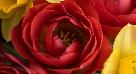 Vibrant red rose in full bloom surrounded by yellow and green floral elements