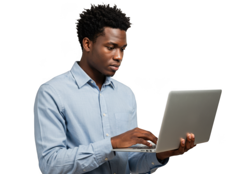 Young black man focused on laptop screen working or studying in a studio setting transparent background - Powered by Adobe