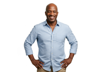Smiling bald man in light blue button-down shirt posing with hands on hips transparent background