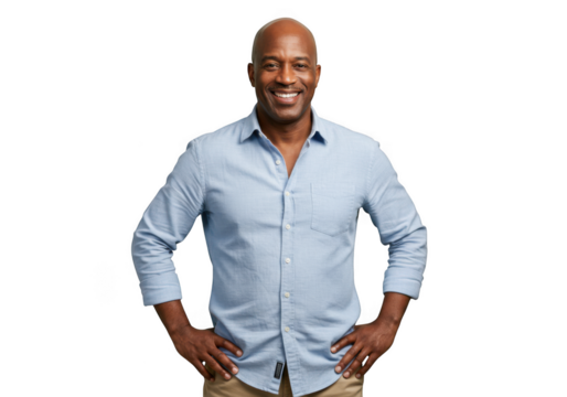 Smiling bald man in light blue button-down shirt posing with hands on hips transparent background