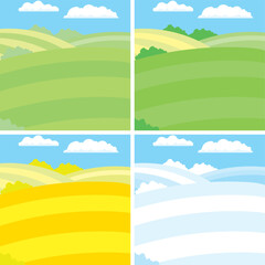 Obraz premium Nature field landscape in four seasons. Cartoon summer spring autumn winter scenes with green grassland meadow, blue snow hills, yellow wild fields, panorama scenery background 