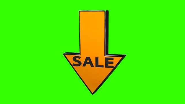 A bright orange 3D arrow featuring the word SALE points downward against a solid green screen backdrop. Designed for retail promotions, e-commerce marketing, and price drop announcements.
