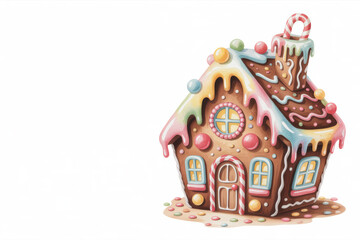 Whimsical gingerbread house with colorful icing and candy decorations, watercolor style