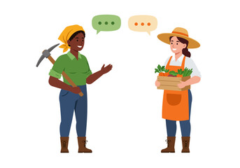 Two diverse female farmers having a conversation, one holding a pickaxe and the other a crate of fresh carrots.