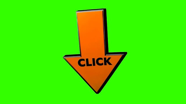A bright orange 3D arrow pointing downwards with 'CLICK' written in bold black letters. The high-contrast green screen background makes it easy to add as an interactive layer for clicking below for mo